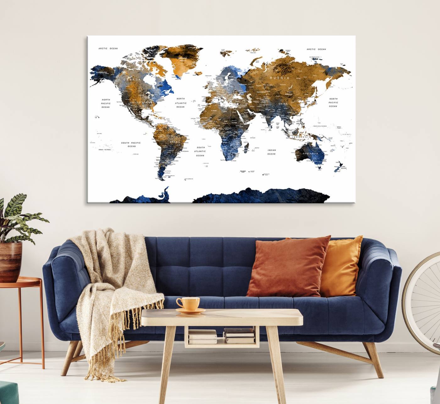 32677-MGV-CV-36X24-Modern Blue and Brown World Map Canvas Wall Art – Triptych Map Print – Global Decor for Living Room or Office – Ready to Hang