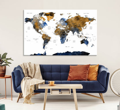 32677-MGV-CV-36X24-Modern Blue and Brown World Map Canvas Wall Art – Triptych Map Print – Global Decor for Living Room or Office – Ready to Hang
