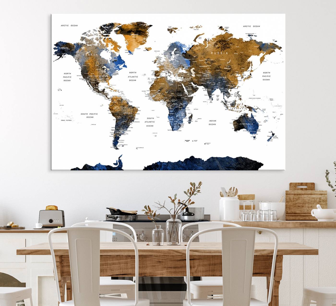 32677-MGV-CV-36X24-Modern Blue and Brown World Map Canvas Wall Art – Triptych Map Print – Global Decor for Living Room or Office – Ready to Hang
