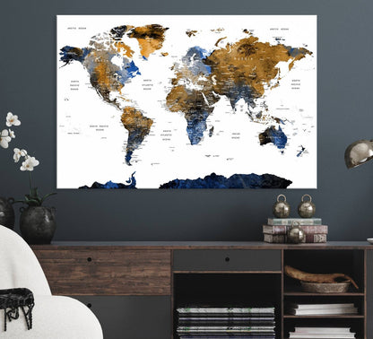 32677-MGV-CV-36X24-Modern Blue and Brown World Map Canvas Wall Art – Triptych Map Print – Global Decor for Living Room or Office – Ready to Hang
