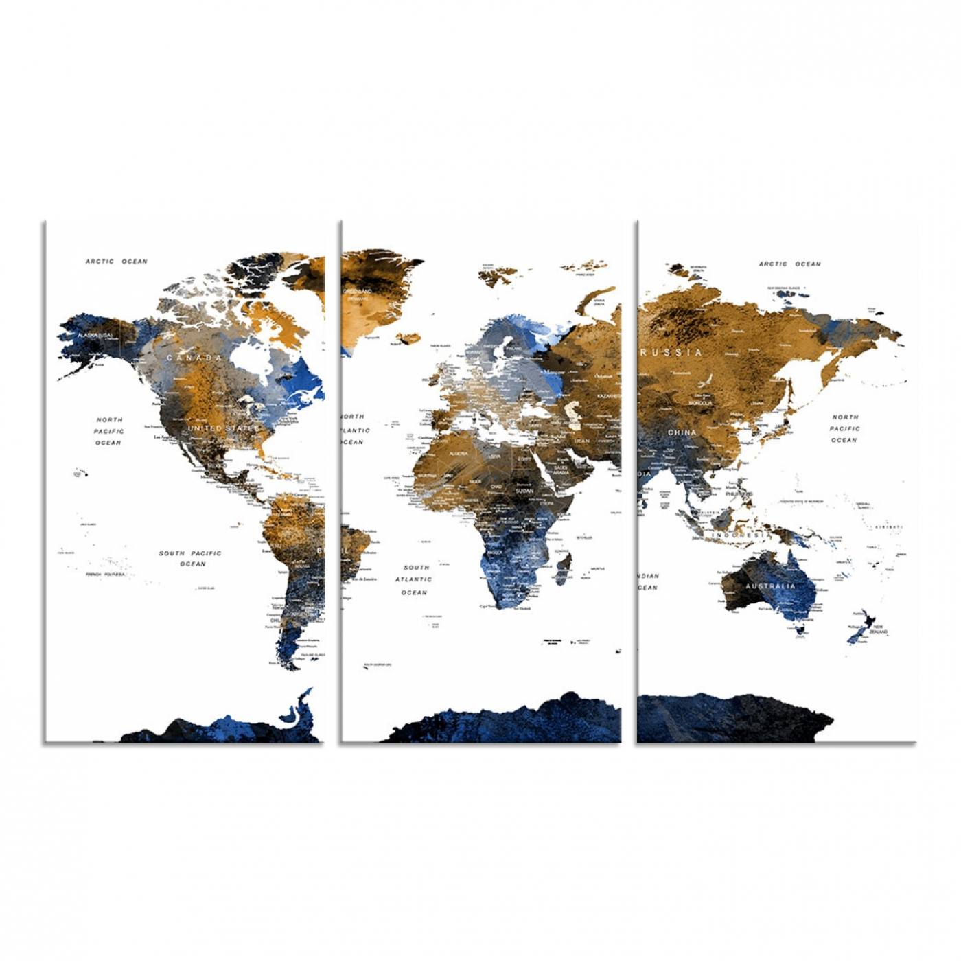 32677-MGV-CV-48X32-3P-Modern Blue and Brown World Map Canvas Wall Art – Triptych Map Print – Global Decor for Living Room or Office – Ready to Hang