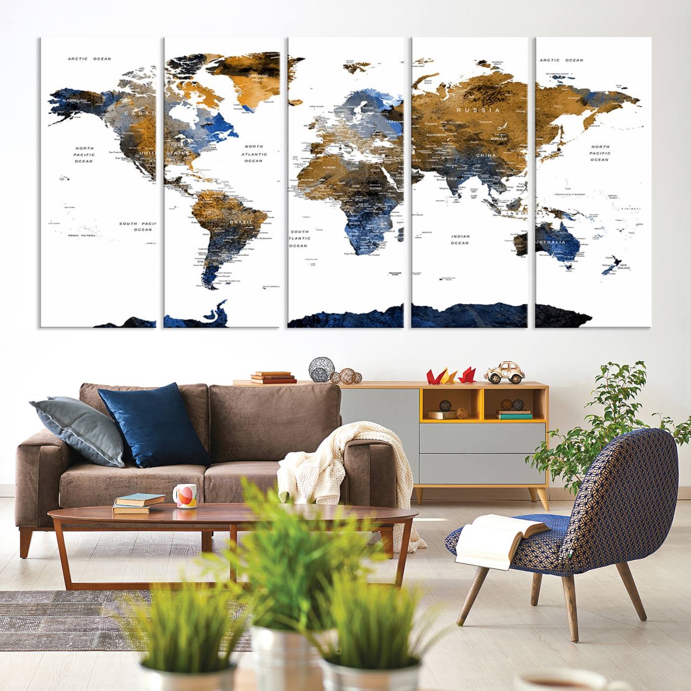 32677-MGV-CV-60X31-5P-Modern Blue and Brown World Map Canvas Wall Art – Triptych Map Print – Global Decor for Living Room or Office – Ready to Hang