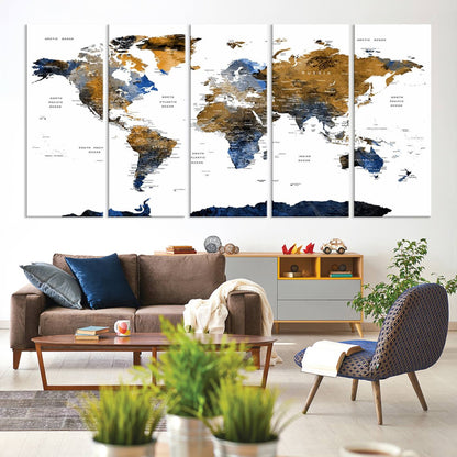32677-MGV-CV-60X31-5P-Modern Blue and Brown World Map Canvas Wall Art – Triptych Map Print – Global Decor for Living Room or Office – Ready to Hang