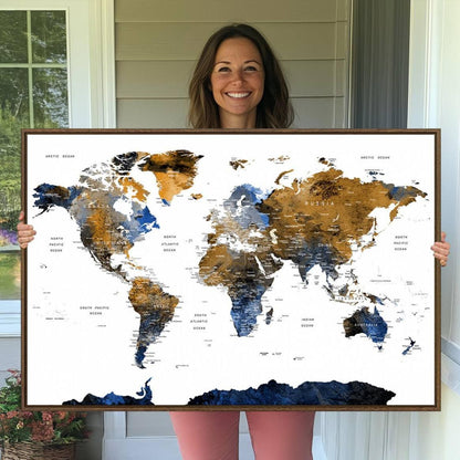 32677-MGV-CV-36X24-Modern Blue and Brown World Map Canvas Wall Art – Triptych Map Print – Global Decor for Living Room or Office – Ready to Hang