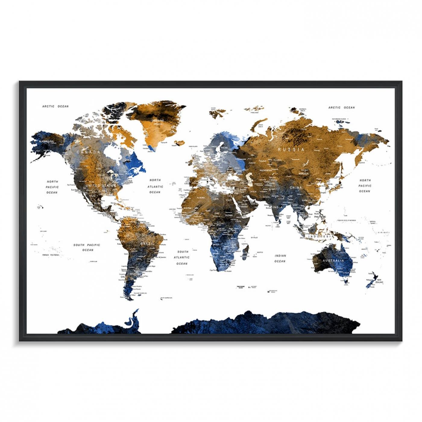 32677-MGV-FC-36X24_Black-Modern Blue and Brown World Map Canvas Wall Art – Triptych Map Print – Global Decor for Living Room or Office – Ready to Hang