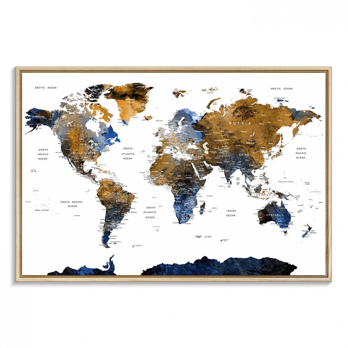 32677-MGV-FC-36X24_Natural-Modern Blue and Brown World Map Canvas Wall Art – Triptych Map Print – Global Decor for Living Room or Office – Ready to Hang