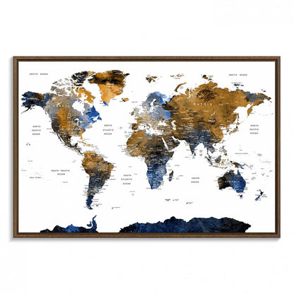 32677-MGV-FC-36X24_Walnut-Modern Blue and Brown World Map Canvas Wall Art – Triptych Map Print – Global Decor for Living Room or Office – Ready to Hang