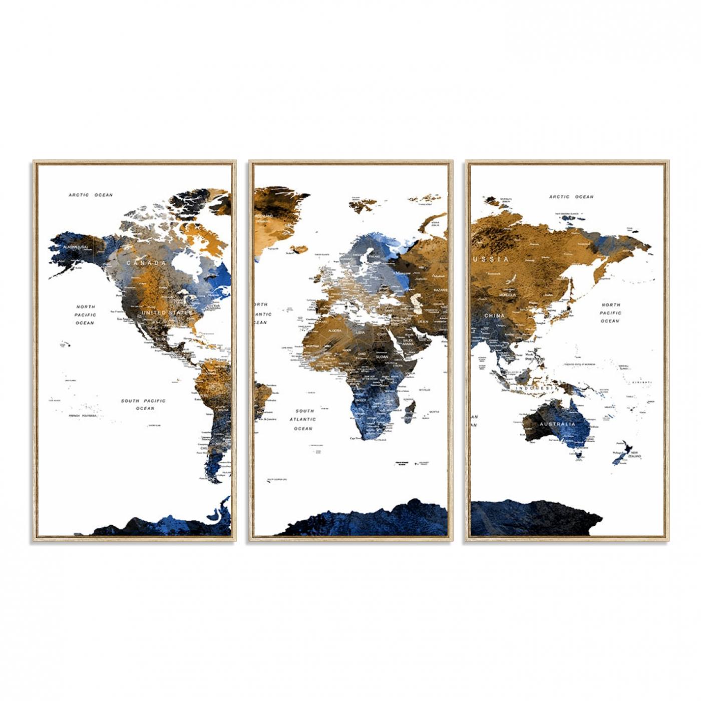32677-MGV-FC-48X32-3P_Natural-Modern Blue and Brown World Map Canvas Wall Art – Triptych Map Print – Global Decor for Living Room or Office – Ready to Hang