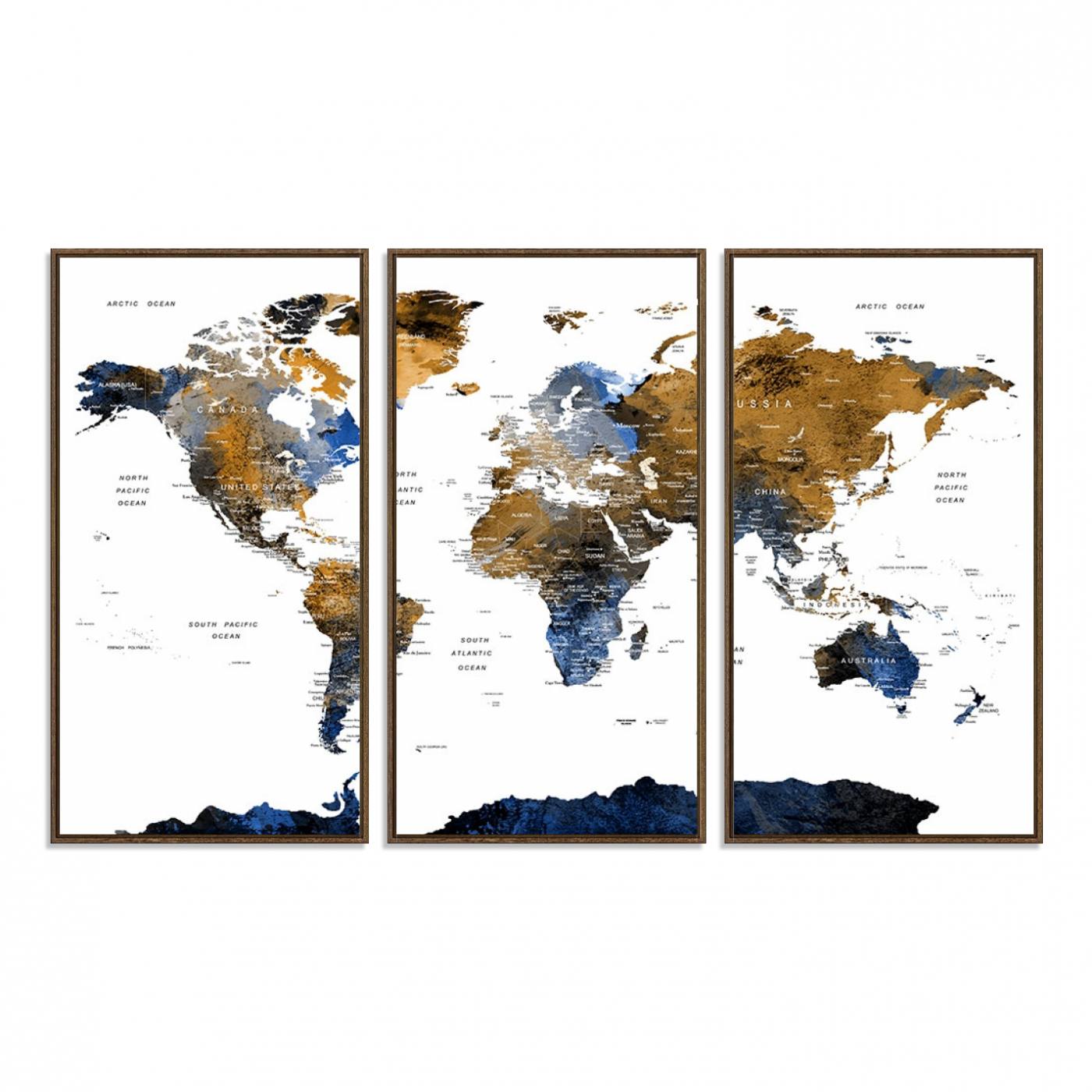 32677-MGV-FC-48X32-3P_Walnut-Modern Blue and Brown World Map Canvas Wall Art – Triptych Map Print – Global Decor for Living Room or Office – Ready to Hang