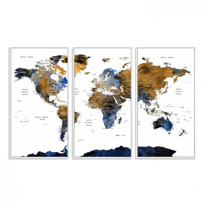 32677-MGV-FC-48X32-3P_White-Modern Blue and Brown World Map Canvas Wall Art – Triptych Map Print – Global Decor for Living Room or Office – Ready to Hang