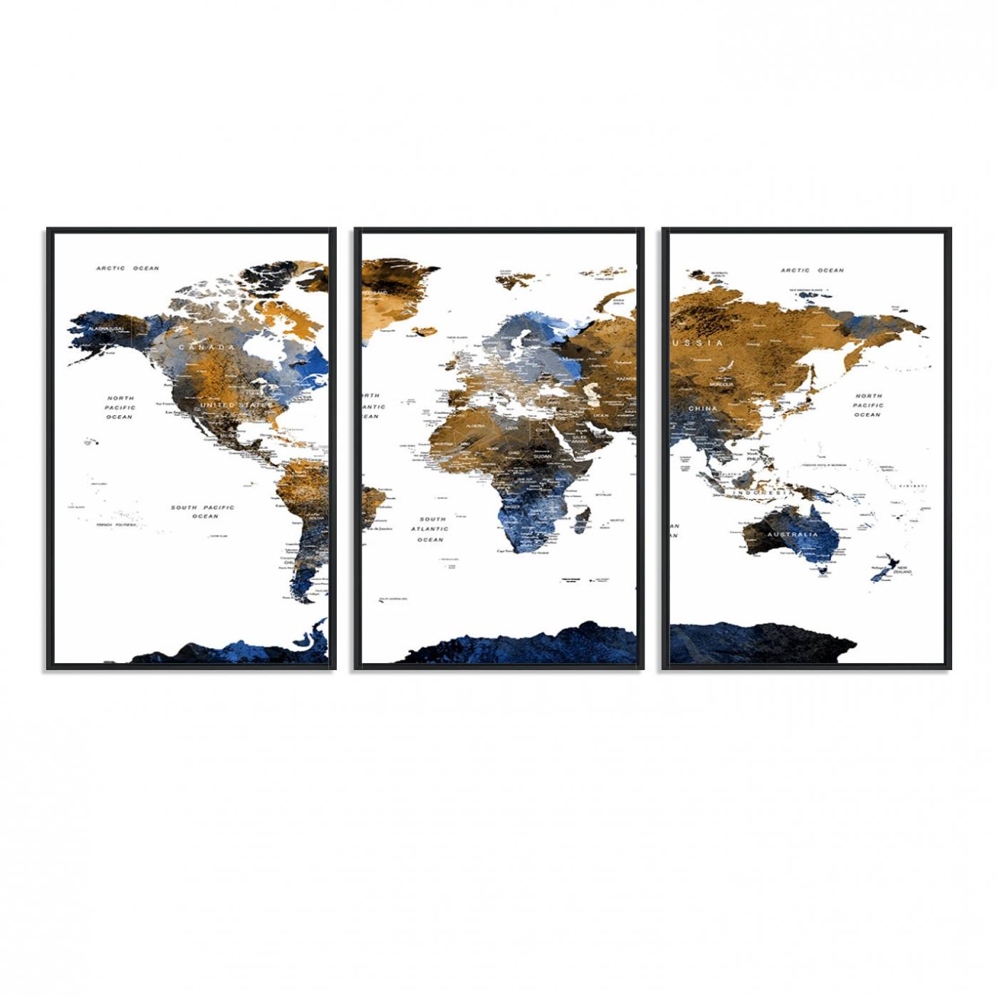 32677-MGV-FC-60X30-3P_Black-Modern Blue and Brown World Map Canvas Wall Art – Triptych Map Print – Global Decor for Living Room or Office – Ready to Hang