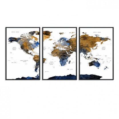 32677-MGV-FC-60X30-3P_Black-Modern Blue and Brown World Map Canvas Wall Art – Triptych Map Print – Global Decor for Living Room or Office – Ready to Hang