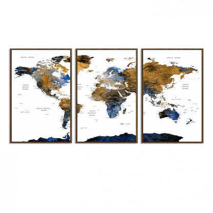 32677-MGV-FC-60X30-3P_Walnut-Modern Blue and Brown World Map Canvas Wall Art – Triptych Map Print – Global Decor for Living Room or Office – Ready to Hang