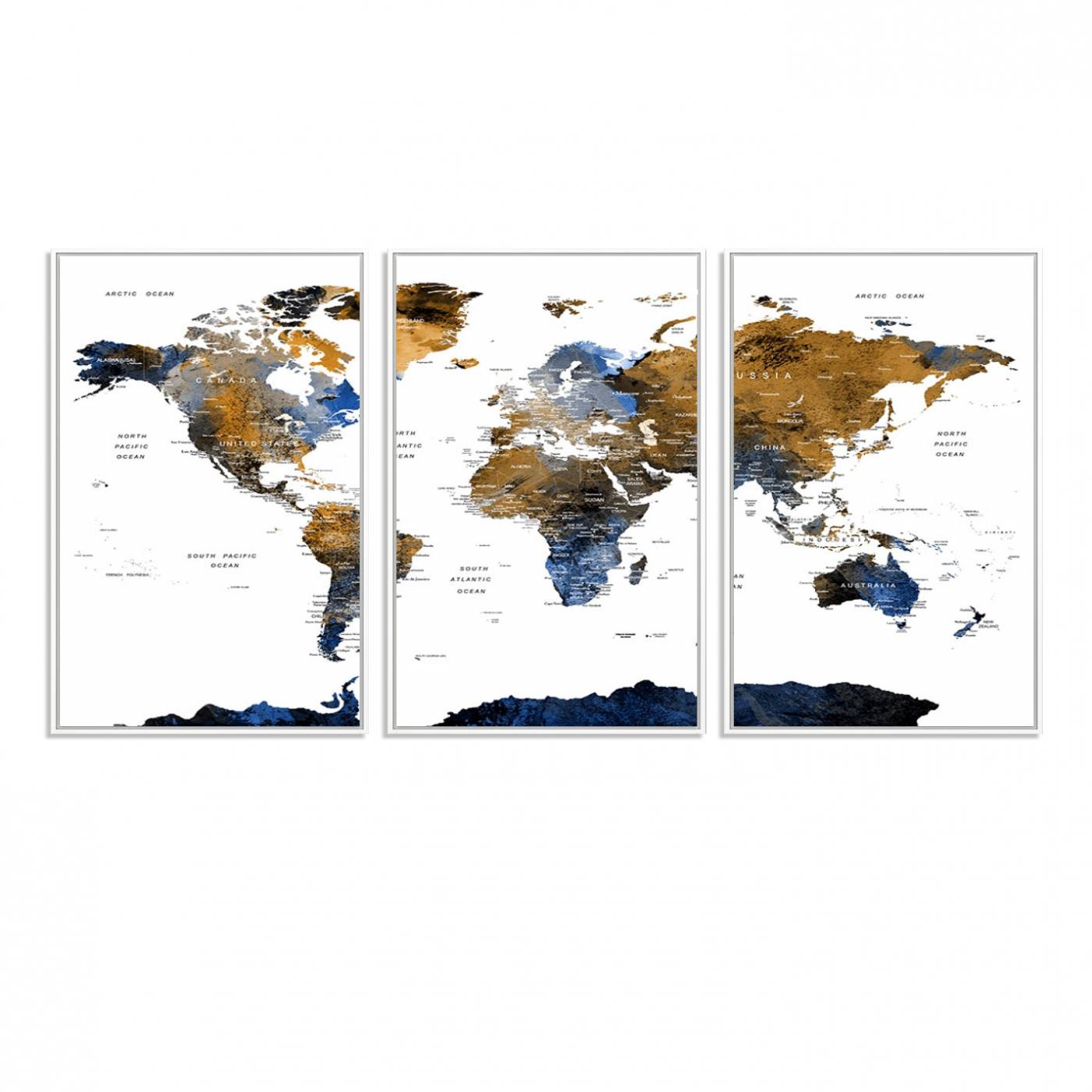 32677-MGV-FC-60X30-3P_White-Modern Blue and Brown World Map Canvas Wall Art – Triptych Map Print – Global Decor for Living Room or Office – Ready to Hang