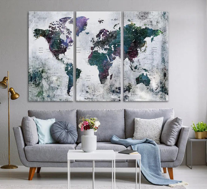 Modern World Map Wall Art Canvas Print Grunge Artwork Dining Room Kitchen Decor