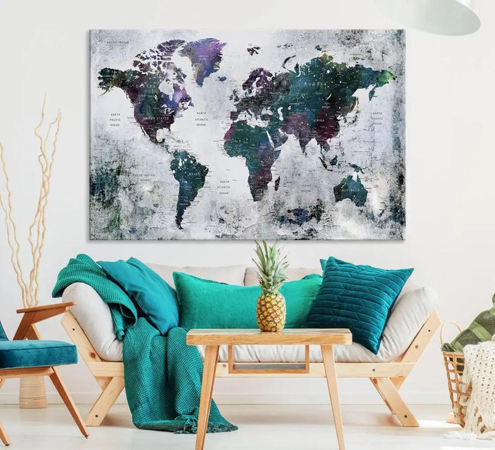 Modern World Map Wall Art Canvas Print Grunge Artwork Dining Room Kitchen Decor