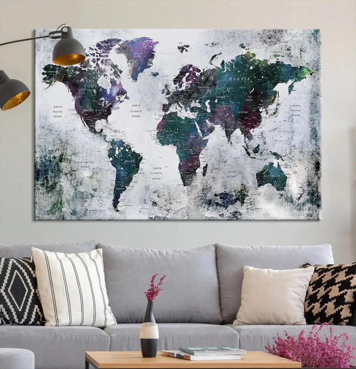 Modern World Map Wall Art Canvas Print Grunge Artwork Dining Room Kitchen Decor