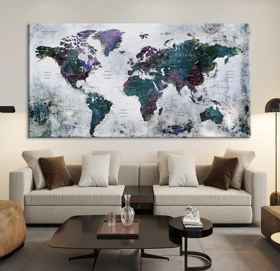 Modern World Map Wall Art Canvas Print Grunge Artwork Dining Room Kitchen Decor