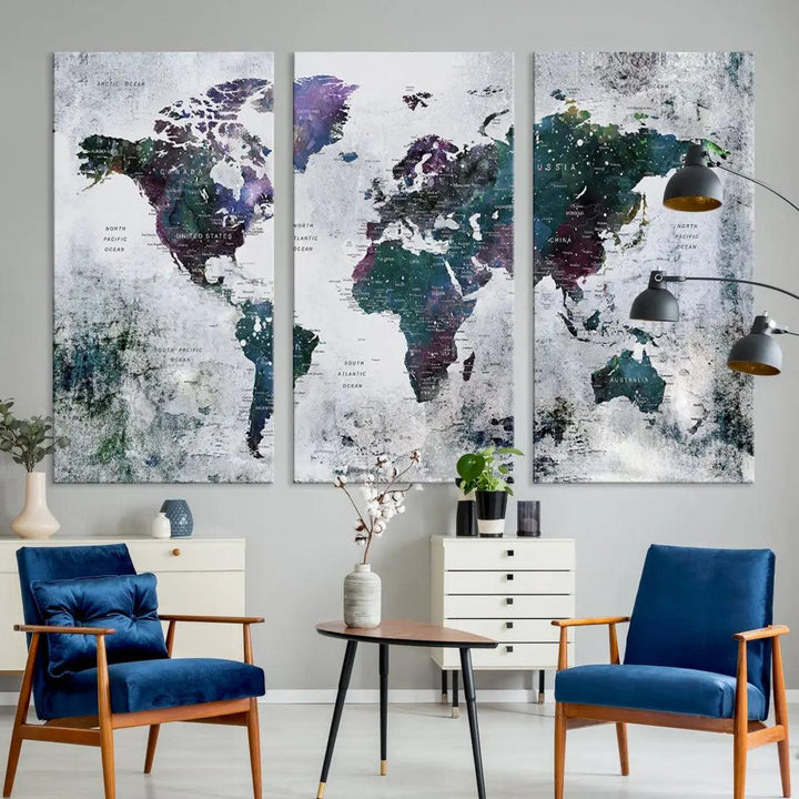 Modern World Map Wall Art Canvas Print Grunge Artwork Dining Room Kitchen Decor