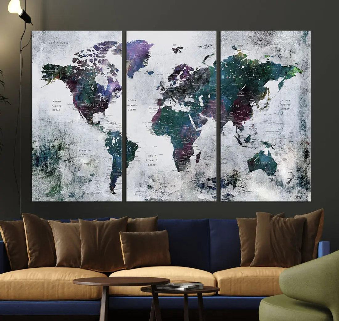 Modern World Map Wall Art Canvas Print Grunge Artwork Dining Room Kitchen Decor