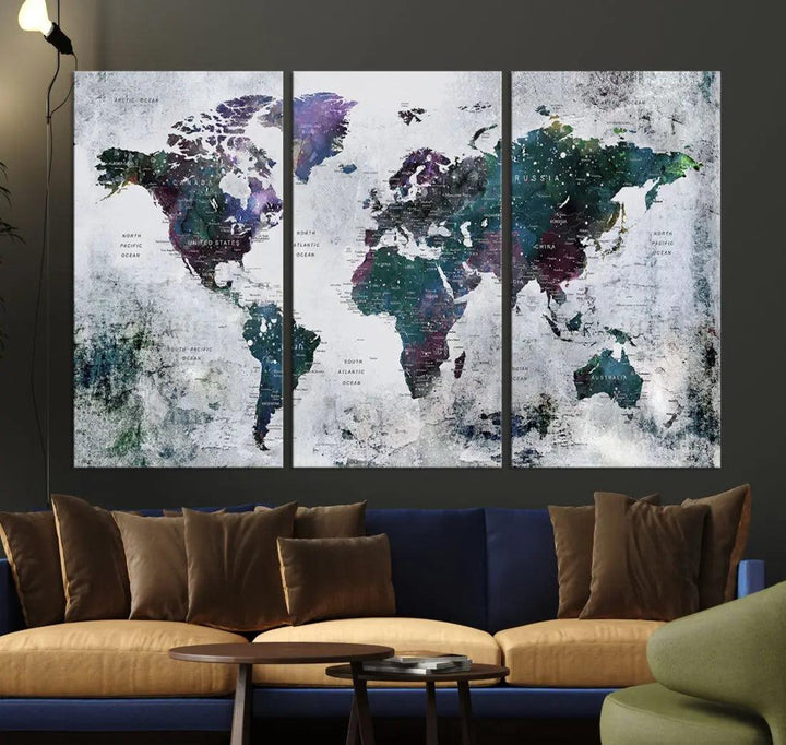 Modern World Map Wall Art Canvas Print Grunge Artwork Dining Room Kitchen Decor