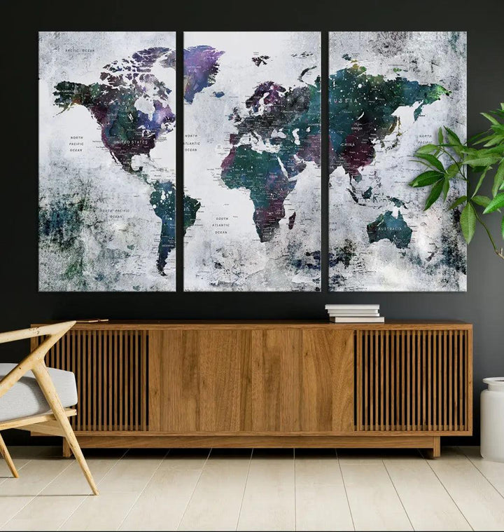 Modern World Map Wall Art Canvas Print Grunge Artwork Dining Room Kitchen Decor