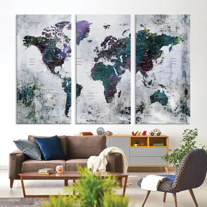 Modern World Map Wall Art Canvas Print Grunge Artwork Dining Room Kitchen Decor