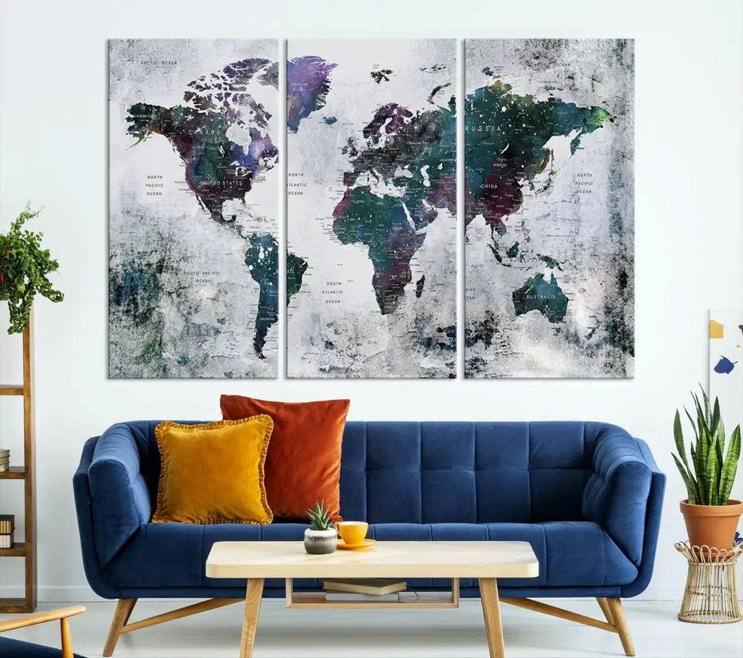 Modern World Map Wall Art Canvas Print Grunge Artwork Dining Room Kitchen Decor