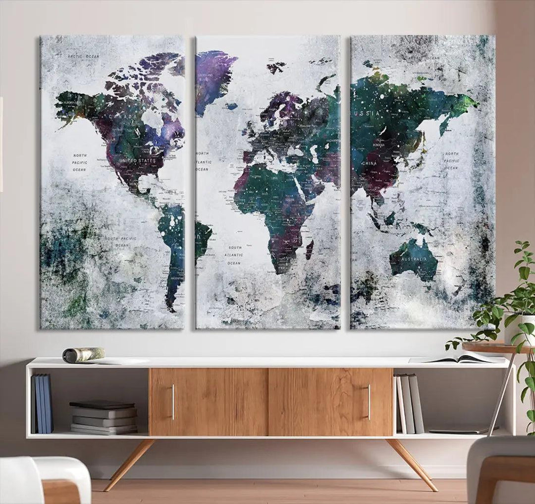 Modern World Map Wall Art Canvas Print Grunge Artwork Dining Room Kitchen Decor