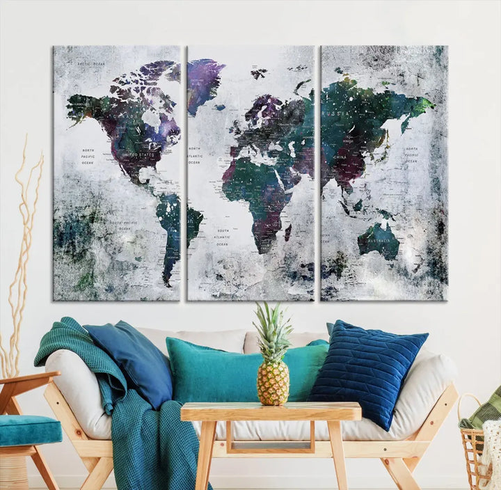 Modern World Map Wall Art Canvas Print Grunge Artwork Dining Room Kitchen Decor