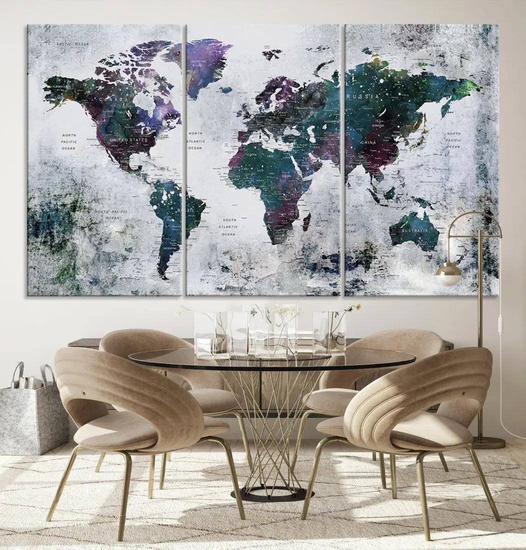 Modern World Map Wall Art Canvas Print Grunge Artwork Dining Room Kitchen Decor