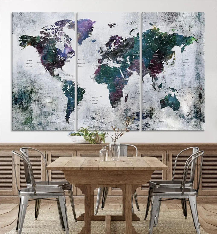 Modern World Map Wall Art Canvas Print Grunge Artwork Dining Room Kitchen Decor