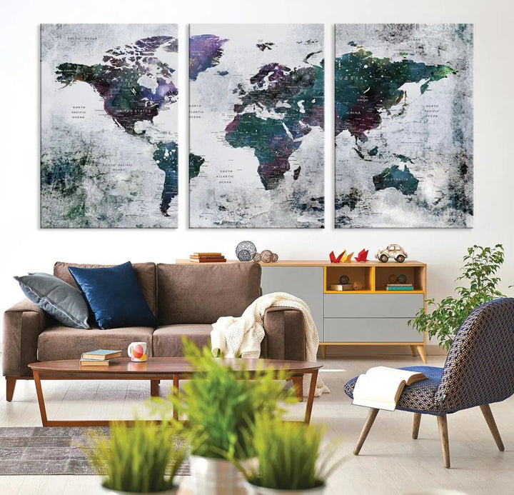 Modern World Map Wall Art Canvas Print Grunge Artwork Dining Room Kitchen Decor