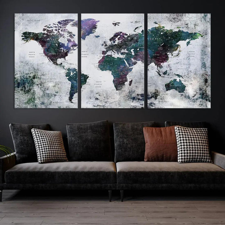 Modern World Map Wall Art Canvas Print Grunge Artwork Dining Room Kitchen Decor