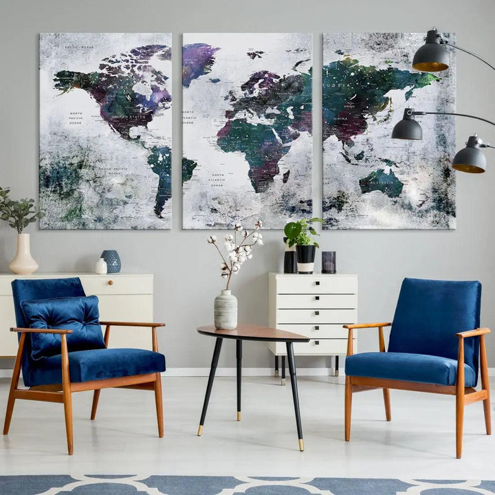 Modern World Map Wall Art Canvas Print Grunge Artwork Dining Room Kitchen Decor