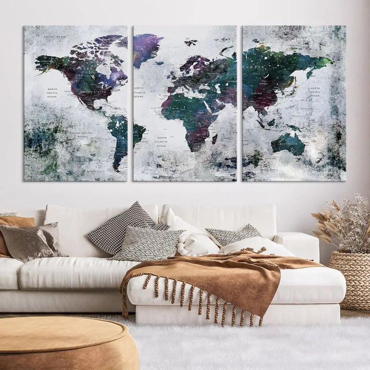 Modern World Map Wall Art Canvas Print Grunge Artwork Dining Room Kitchen Decor