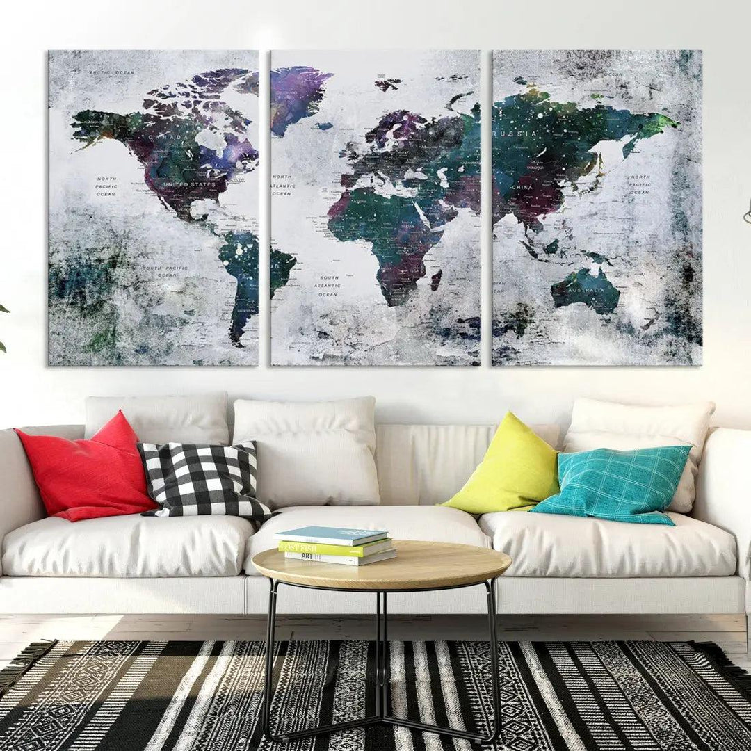 Modern World Map Wall Art Canvas Print Grunge Artwork Dining Room Kitchen Decor