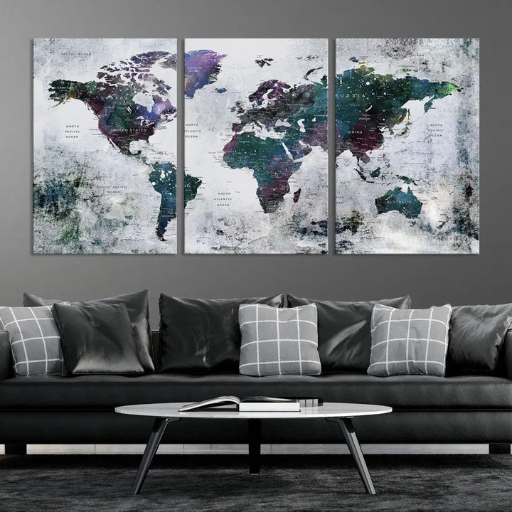 Modern World Map Wall Art Canvas Print Grunge Artwork Dining Room Kitchen Decor