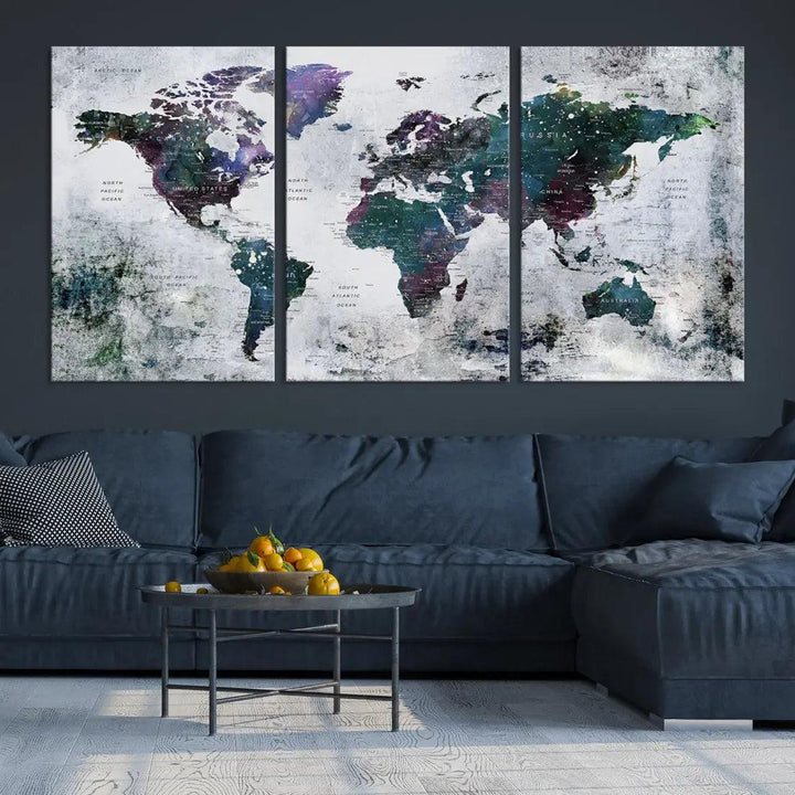 Modern World Map Wall Art Canvas Print Grunge Artwork Dining Room Kitchen Decor