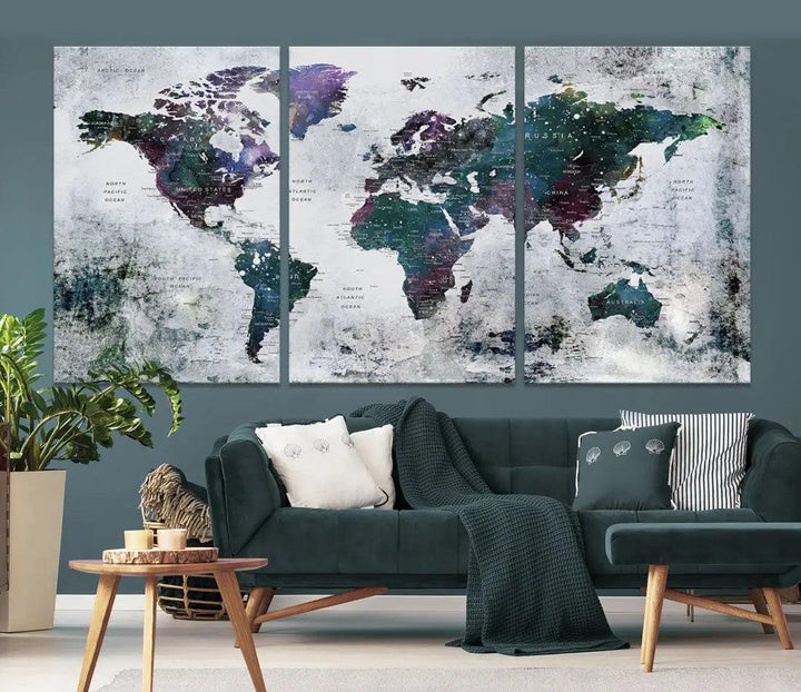 Modern World Map Wall Art Canvas Print Grunge Artwork Dining Room Kitchen Decor