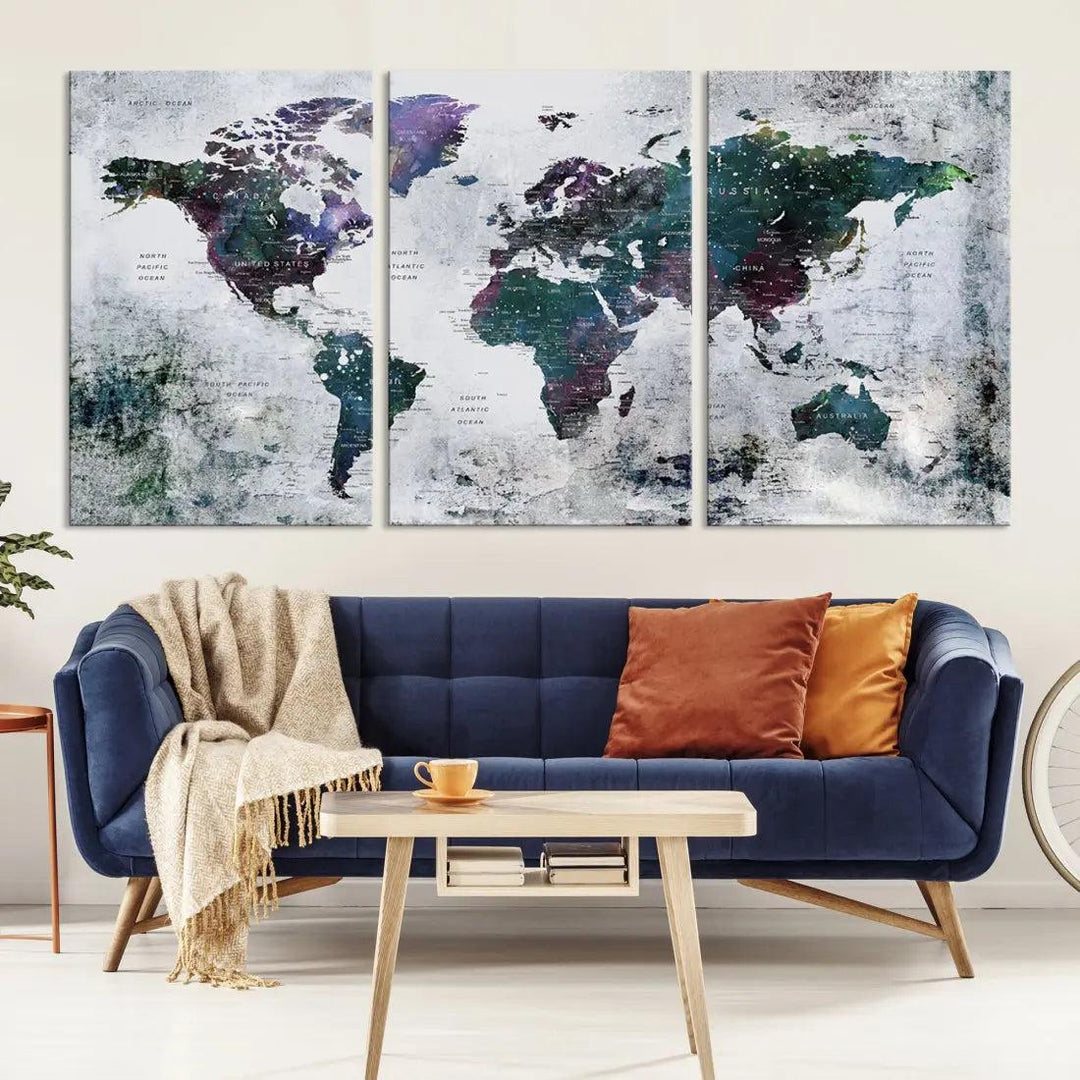 Modern World Map Wall Art Canvas Print Grunge Artwork Dining Room Kitchen Decor