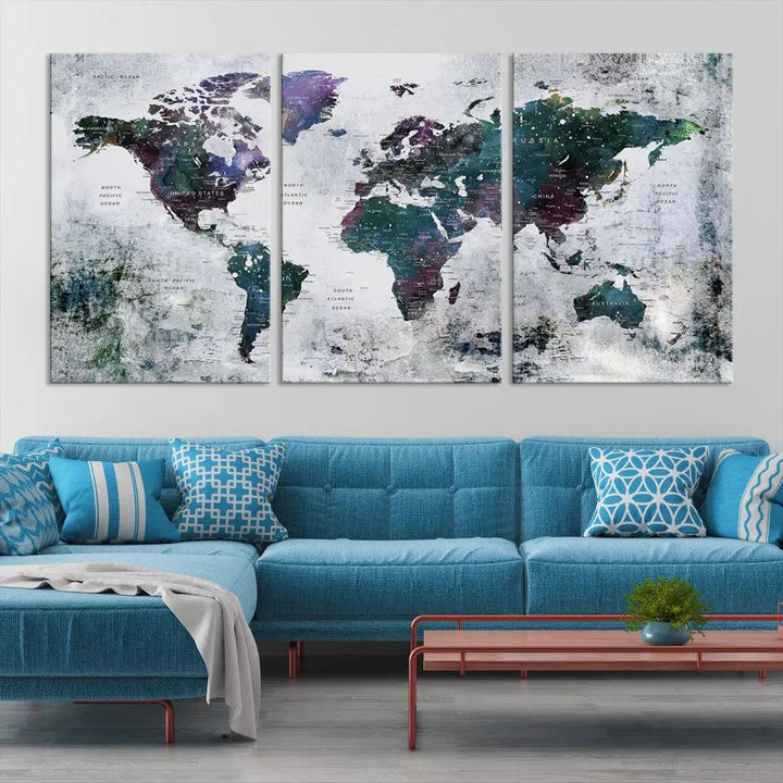 Modern World Map Wall Art Canvas Print Grunge Artwork Dining Room Kitchen Decor