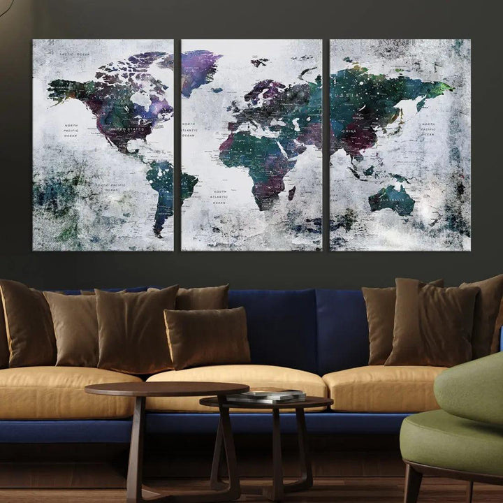 Modern World Map Wall Art Canvas Print Grunge Artwork Dining Room Kitchen Decor