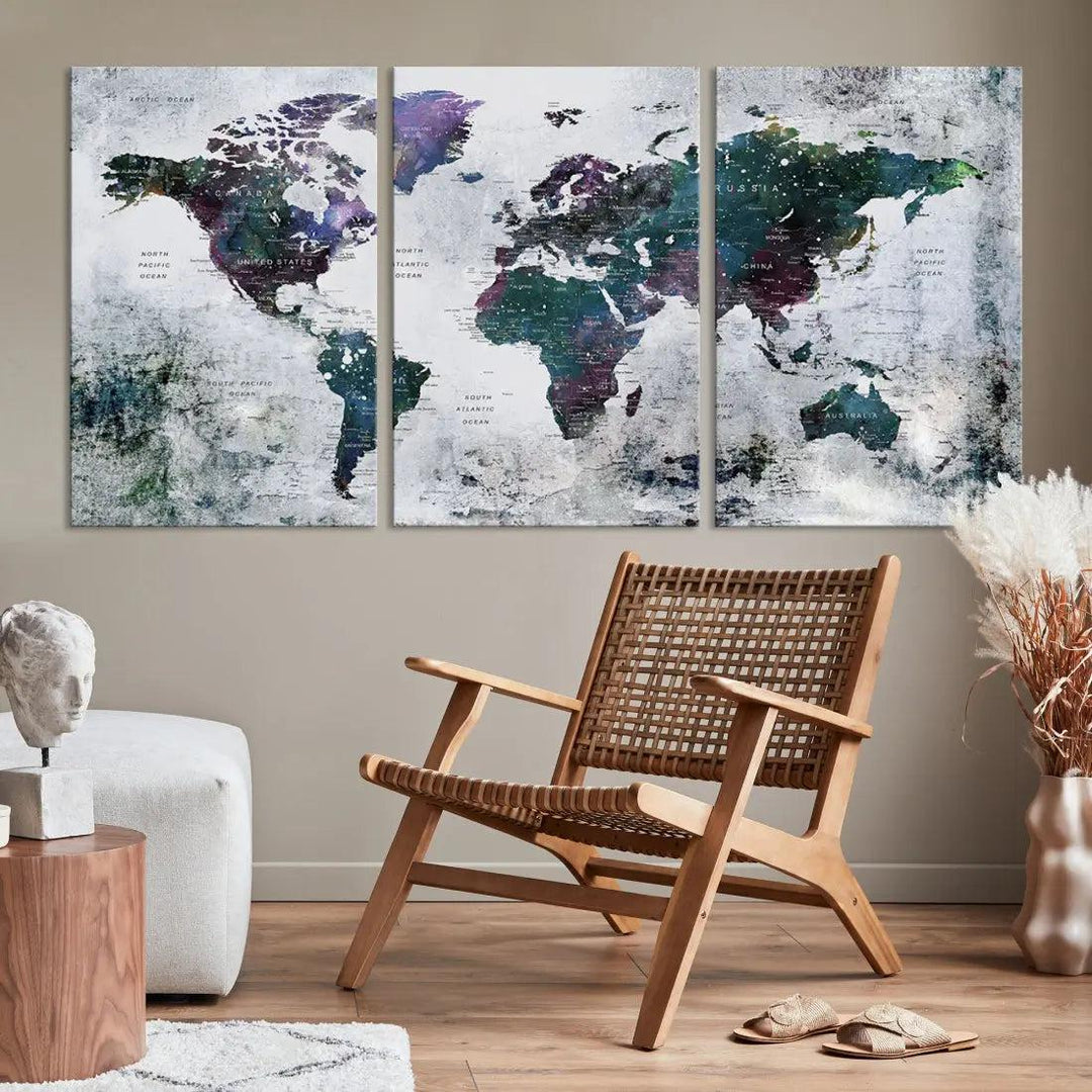 Modern World Map Wall Art Canvas Print Grunge Artwork Dining Room Kitchen Decor