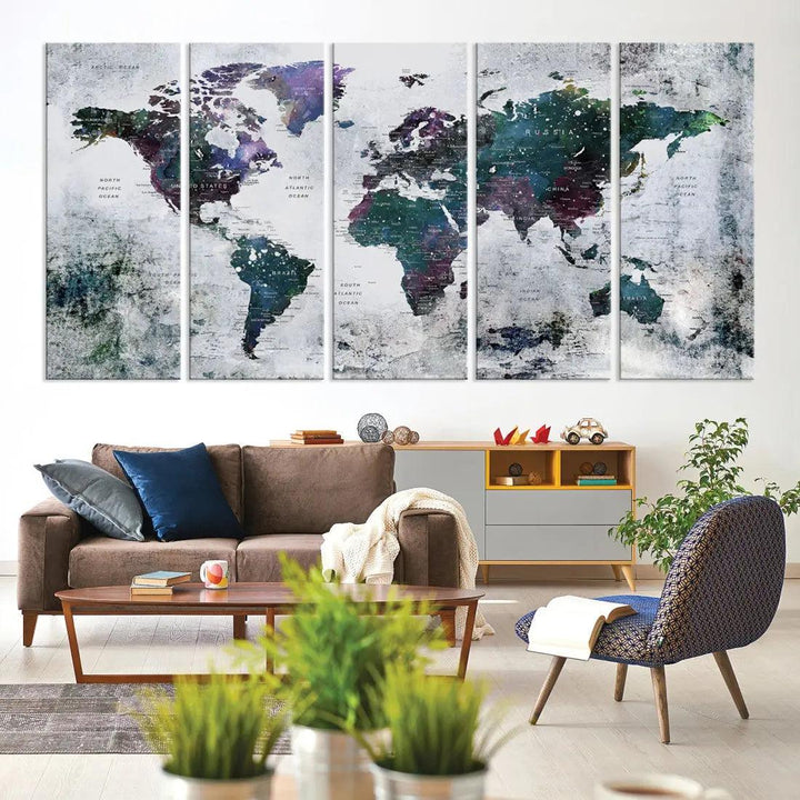 Modern World Map Wall Art Canvas Print Grunge Artwork Dining Room Kitchen Decor