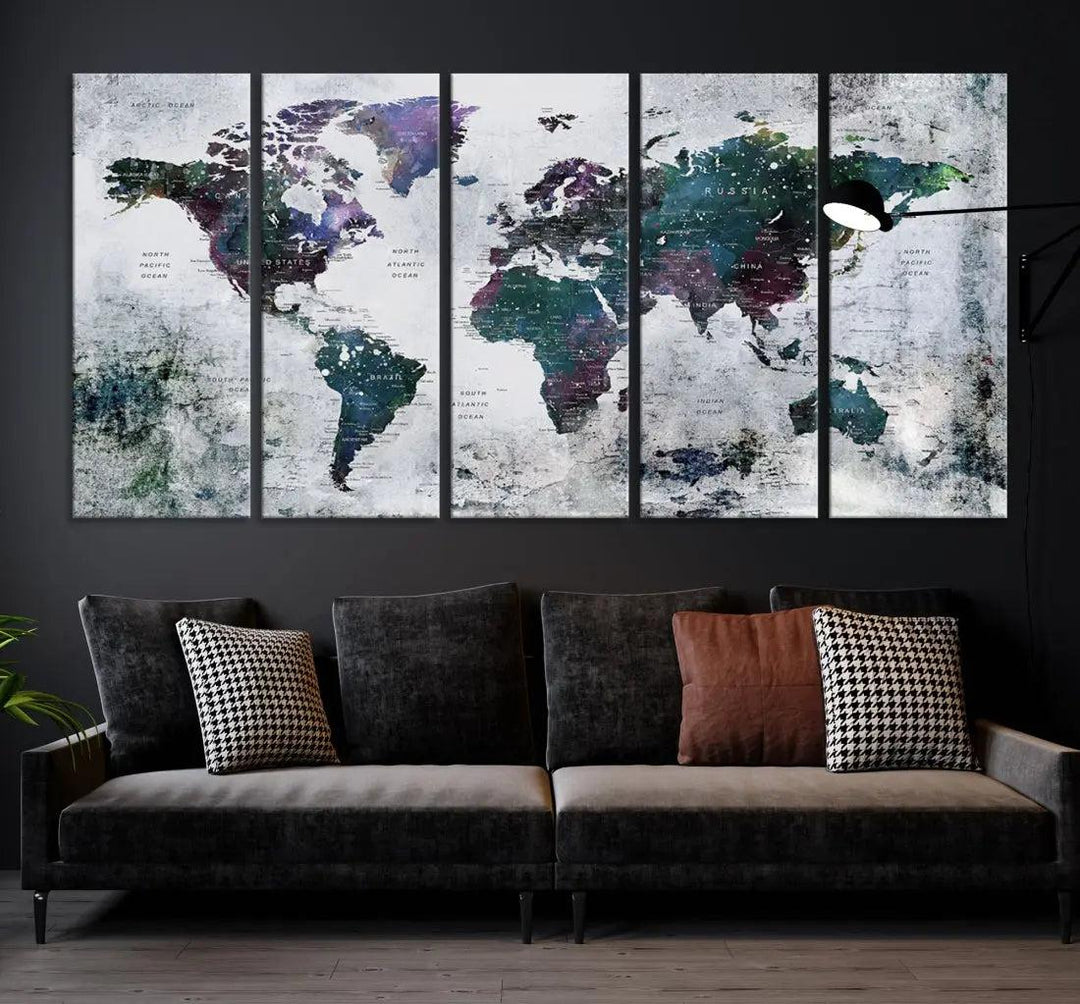 Modern World Map Wall Art Canvas Print Grunge Artwork Dining Room Kitchen Decor