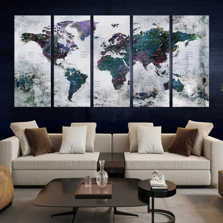 Modern World Map Wall Art Canvas Print Grunge Artwork Dining Room Kitchen Decor