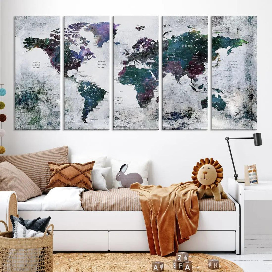 Modern World Map Wall Art Canvas Print Grunge Artwork Dining Room Kitchen Decor