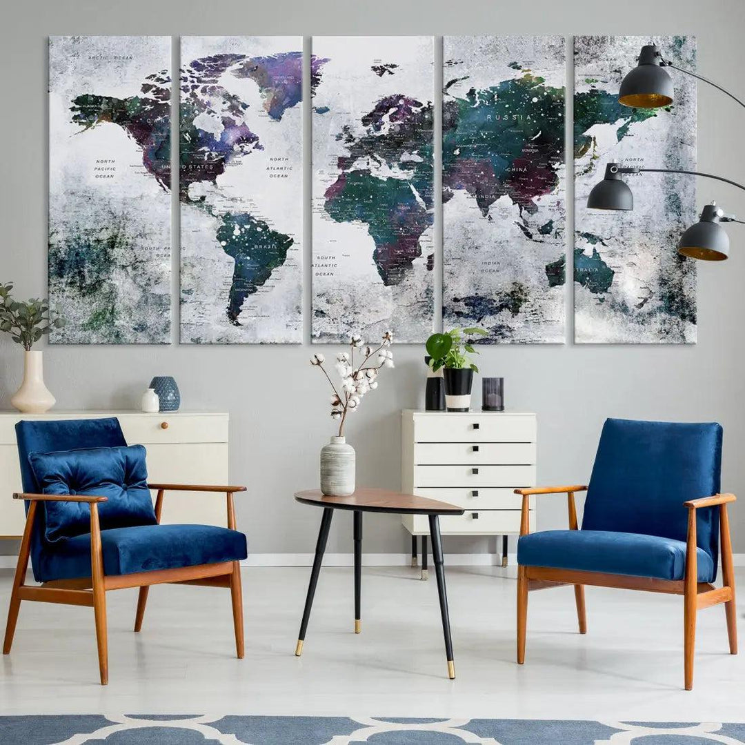 Modern World Map Wall Art Canvas Print Grunge Artwork Dining Room Kitchen Decor