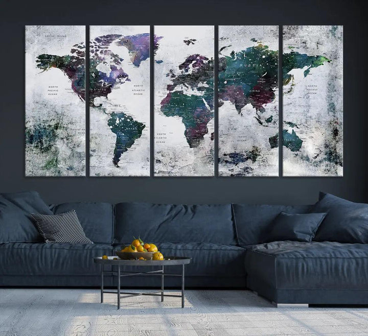 Modern World Map Wall Art Canvas Print Grunge Artwork Dining Room Kitchen Decor